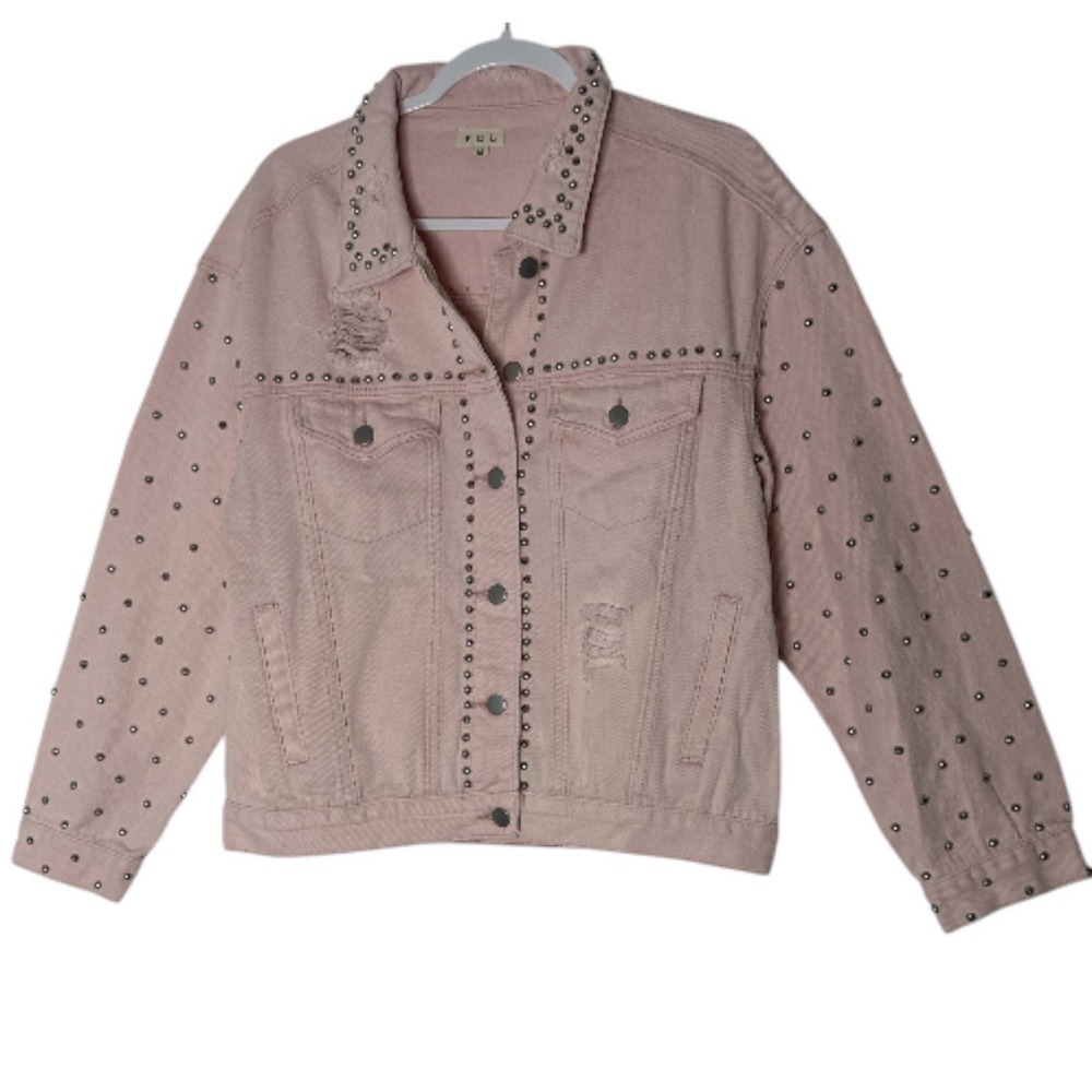 POL Jacket Women's Medium Pink Denim Button Up Distressed Studs Oversized